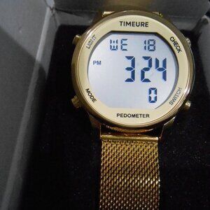 Women's Timeure Digital Pedometer Watch with Gold-Tone Mesh Adjustable Band-NEW